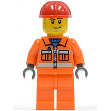 cty113 Construction Worker - Orange Zipper, Safety Stripes, Orange Arms, Orange Legs, Red Construction Helmet, Smirk and Stubble Beard